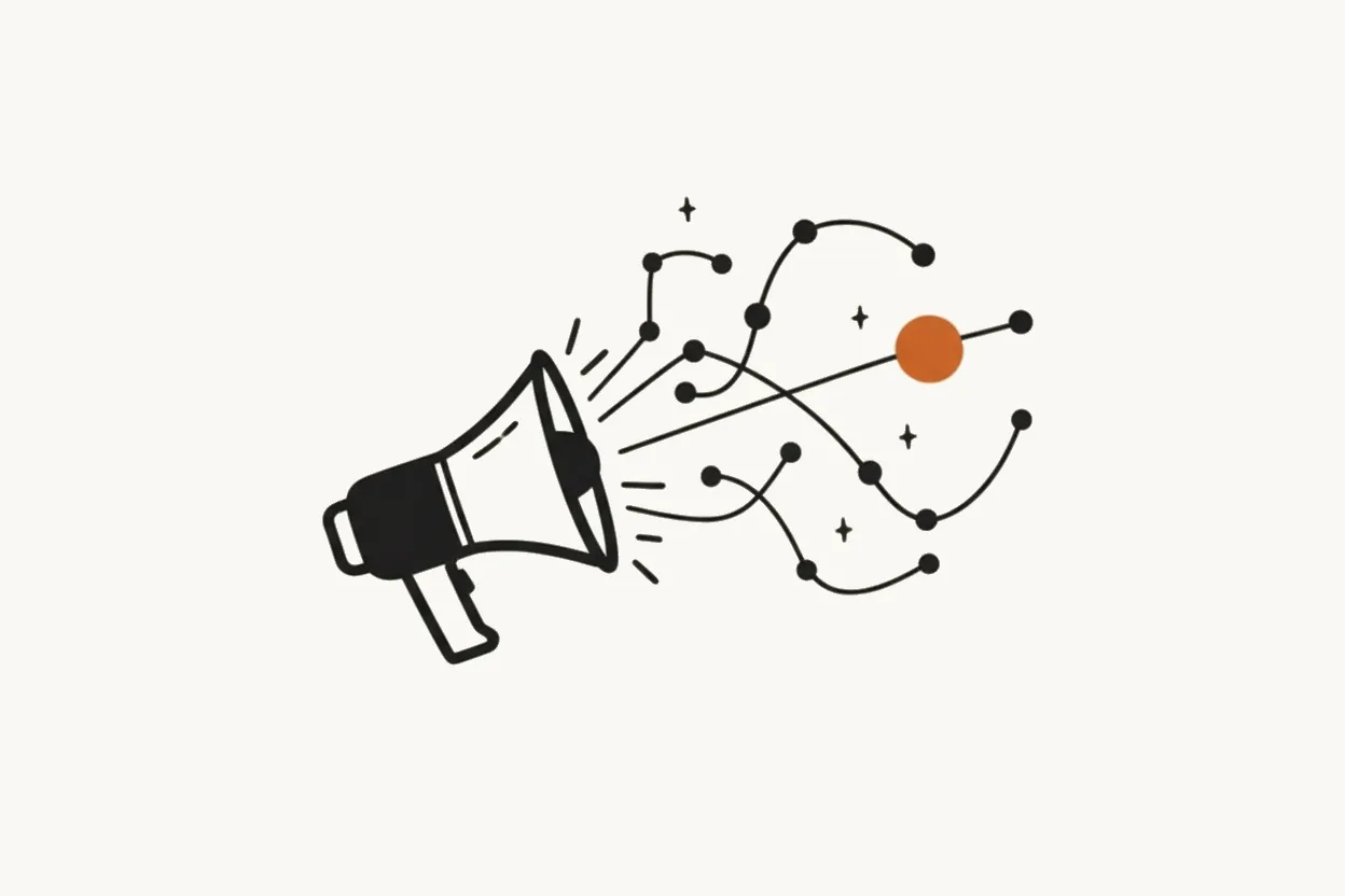 Illustratie van een megafoon waaruit een netwerk van verbonden punten straalt